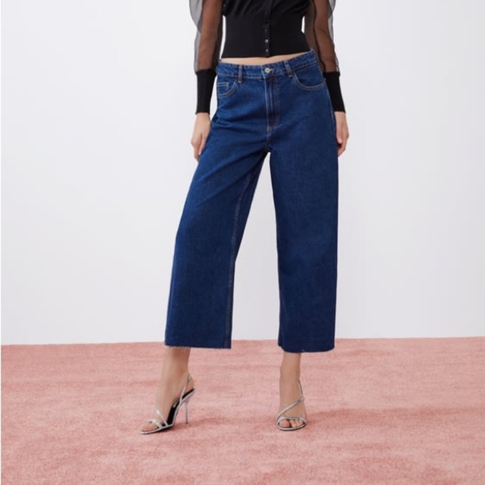 Zara Trf Hi-Rise Culotte Wide Leg Raw Hem Blue Jeans Size